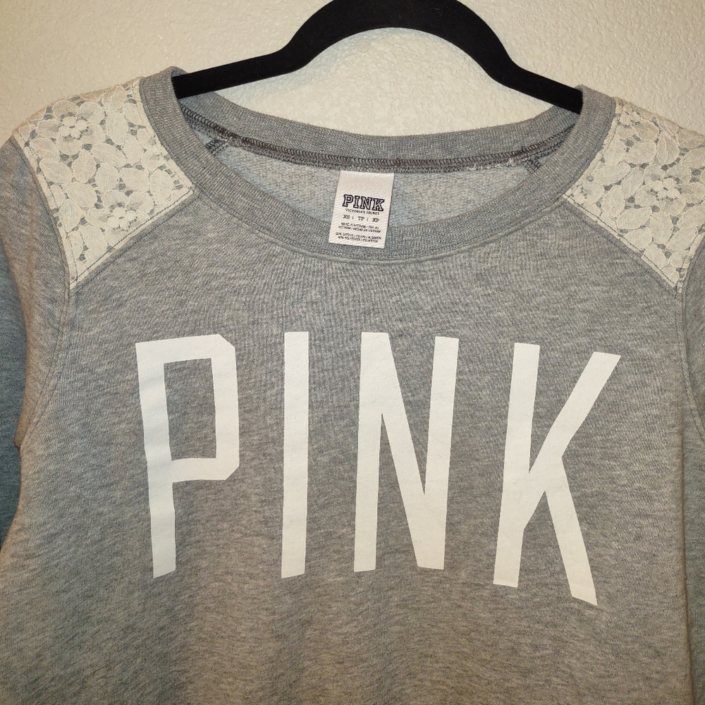 PINK Victoria's secret grey sweater with lace shoulder accent size extra small